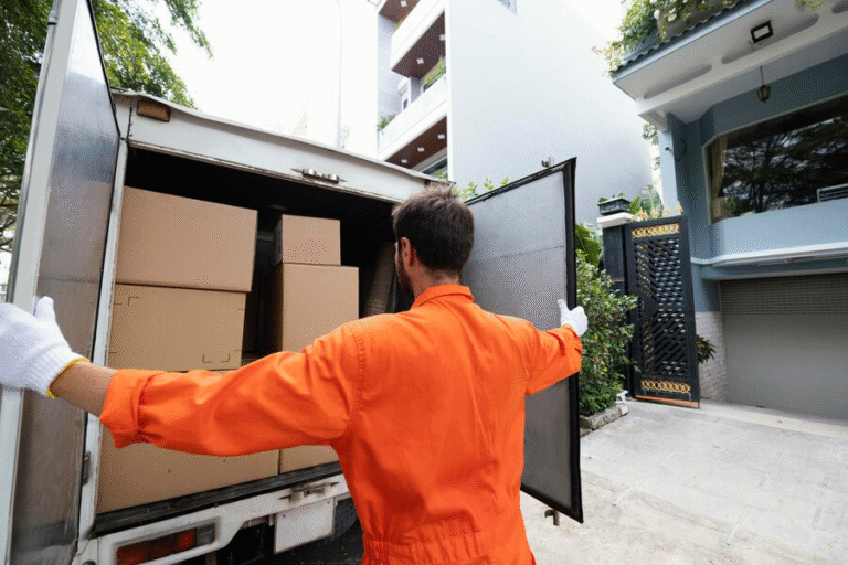 A person dressed in orange working with movers.