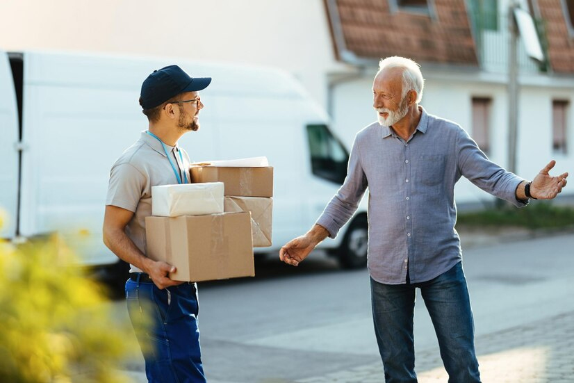 An elderly man standing and helping out a mover.